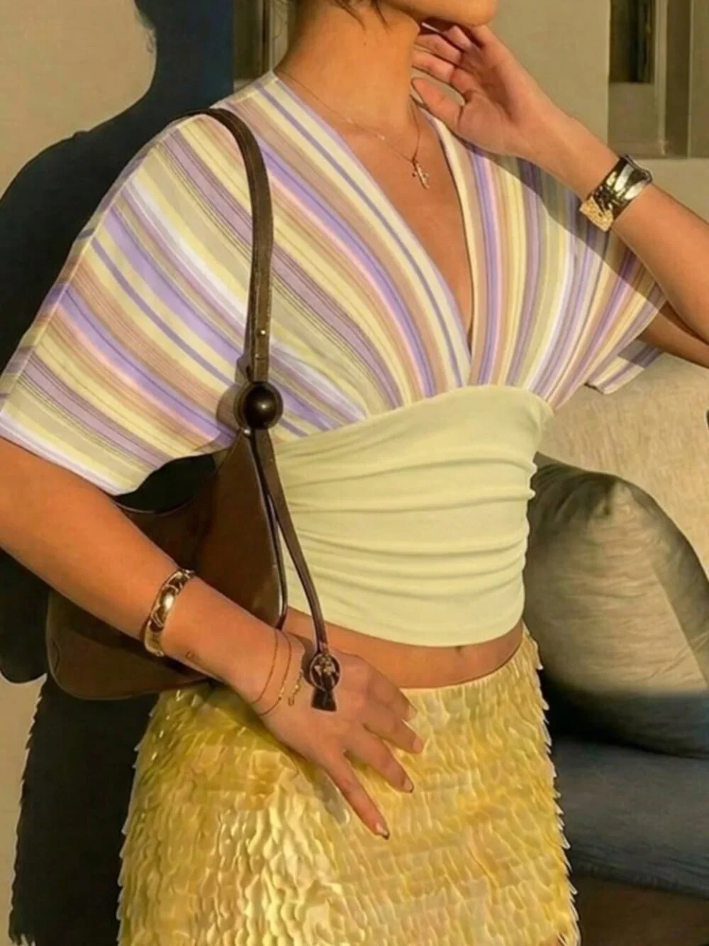 Multicolor Casual Women's Deep V-Neck Color Block Pleated T-Shirt